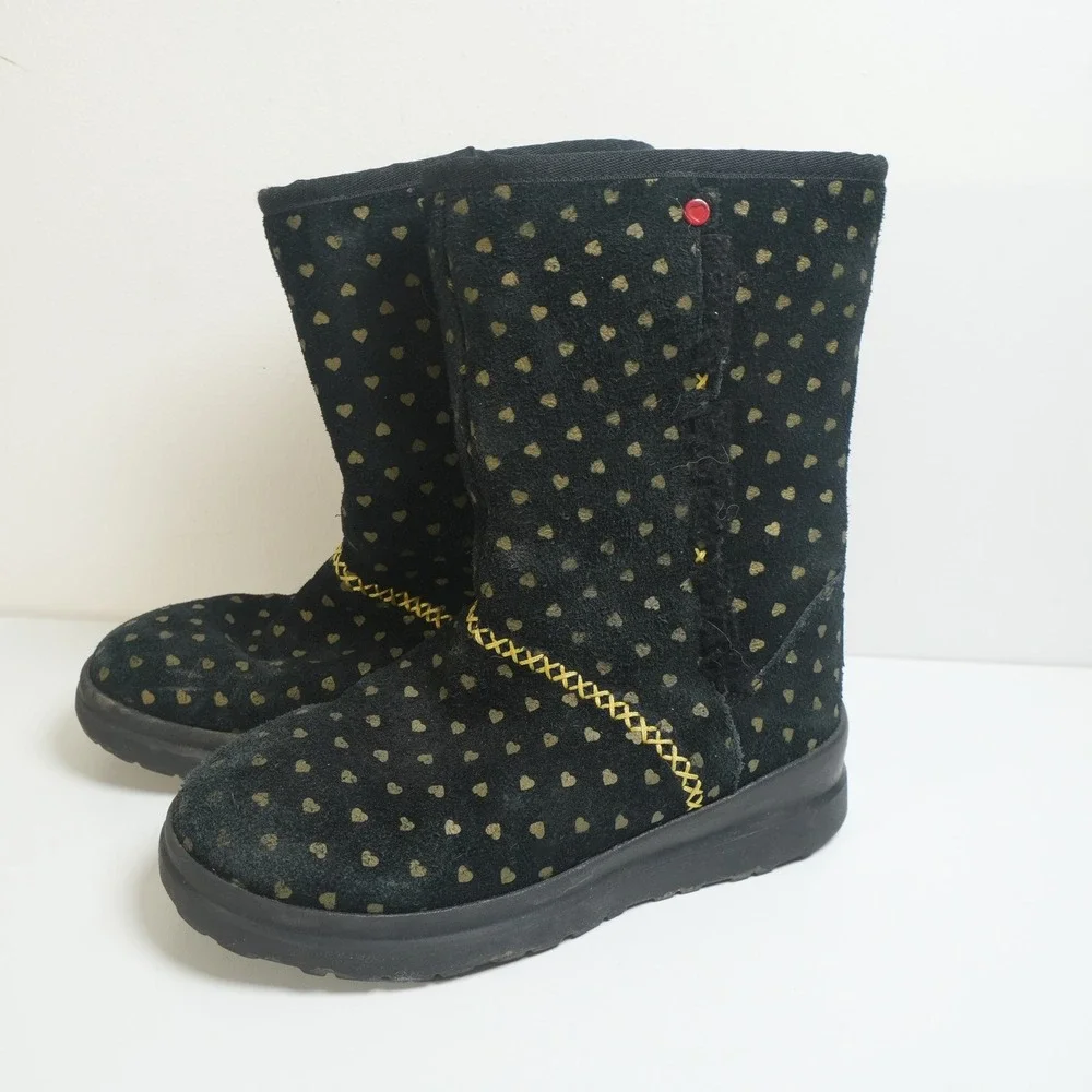I‎ Heart UGG Suede Boots Girls Size 4 Black Gold Heart Print Mid Calf 1007120